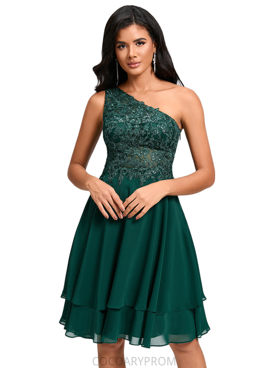 Skyla A-line One Shoulder Knee-Length Chiffon Lace Cocktail Dress With Sequins DA8P0022313