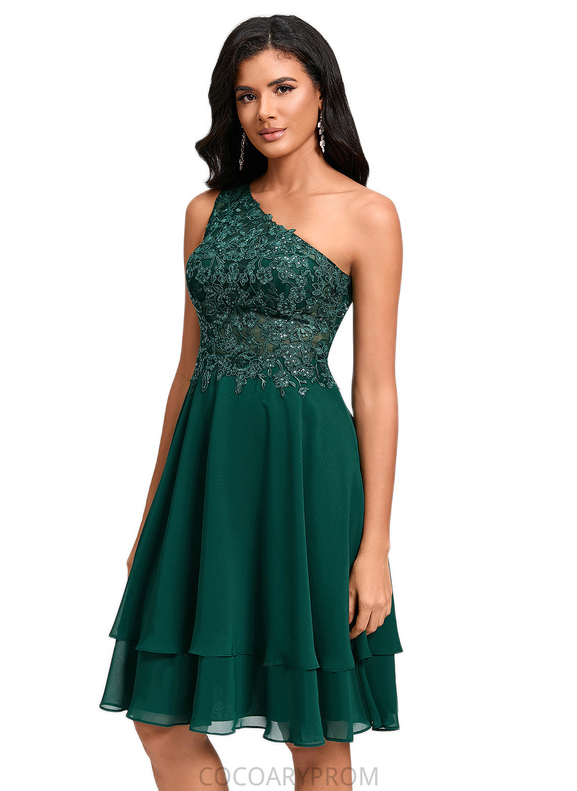 Skyla A-line One Shoulder Knee-Length Chiffon Lace Cocktail Dress With Sequins DA8P0022313