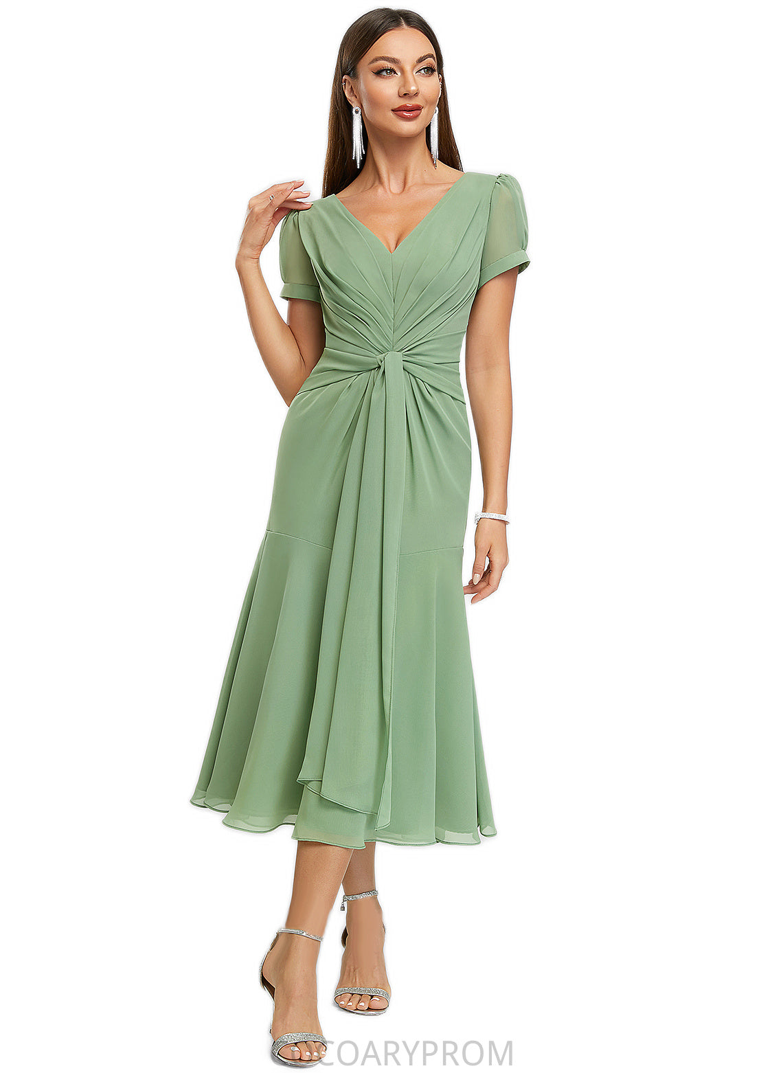 Cynthia Trumpet/Mermaid V-Neck Tea-Length Chiffon Cocktail Dress With Pleated DA8P0022315