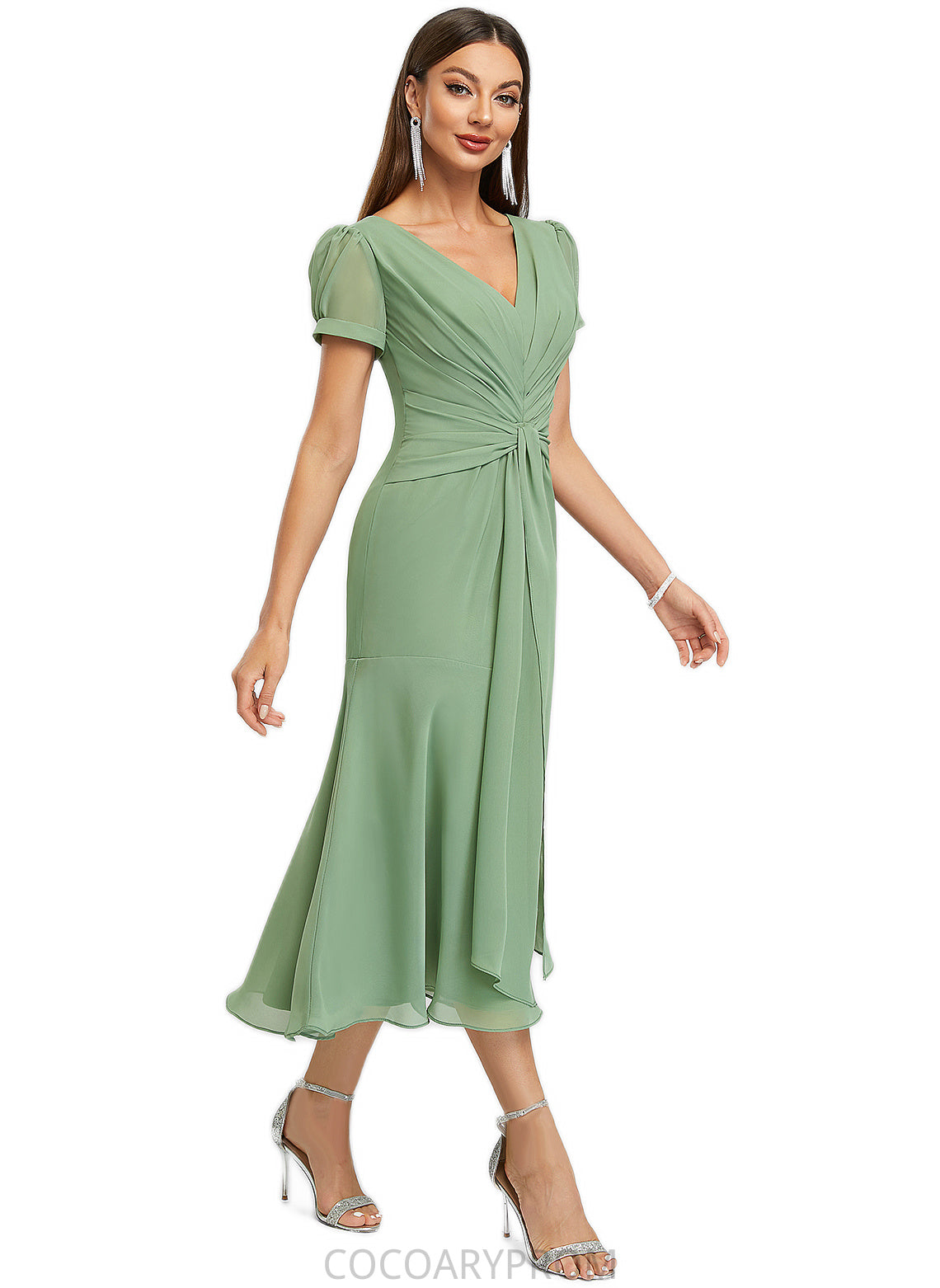 Cynthia Trumpet/Mermaid V-Neck Tea-Length Chiffon Cocktail Dress With Pleated DA8P0022315