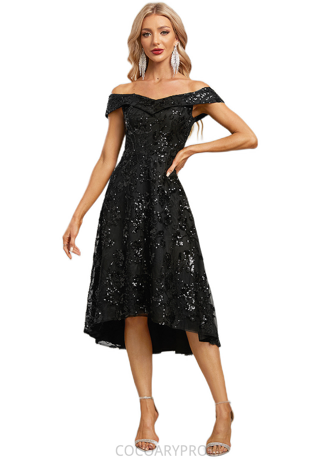 Lucy A-line Off the Shoulder Asymmetrical Lace Sequin Cocktail Dress With Sequins DA8P0022328