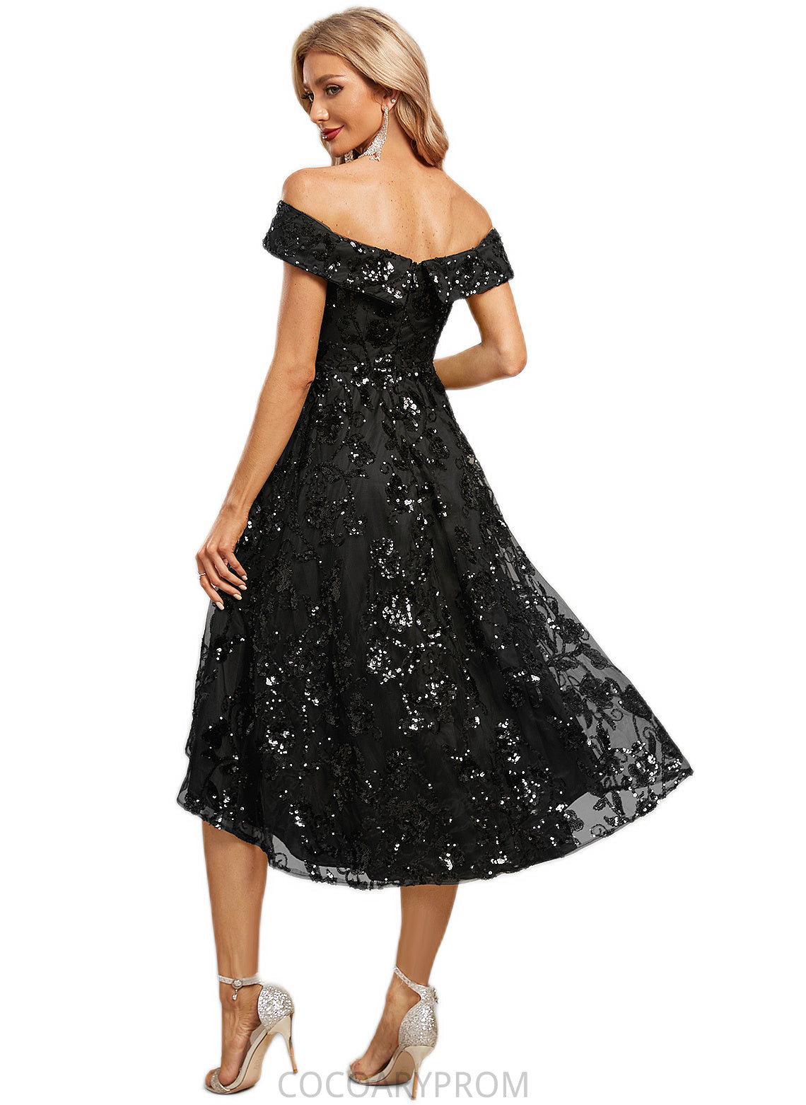 Lucy A-line Off the Shoulder Asymmetrical Lace Sequin Cocktail Dress With Sequins DA8P0022328