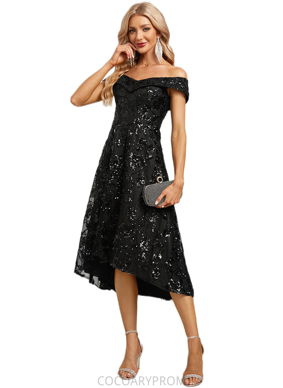 Lucy A-line Off the Shoulder Asymmetrical Lace Sequin Cocktail Dress With Sequins DA8P0022328