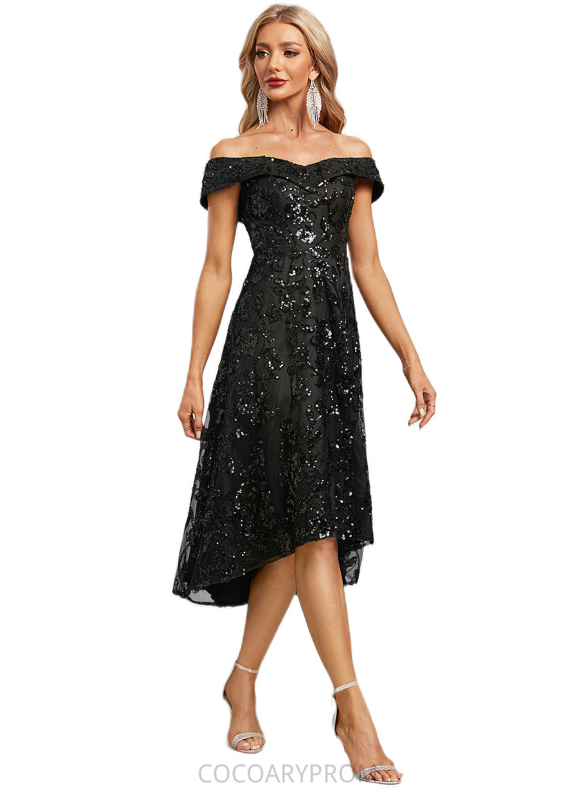 Lucy A-line Off the Shoulder Asymmetrical Lace Sequin Cocktail Dress With Sequins DA8P0022328