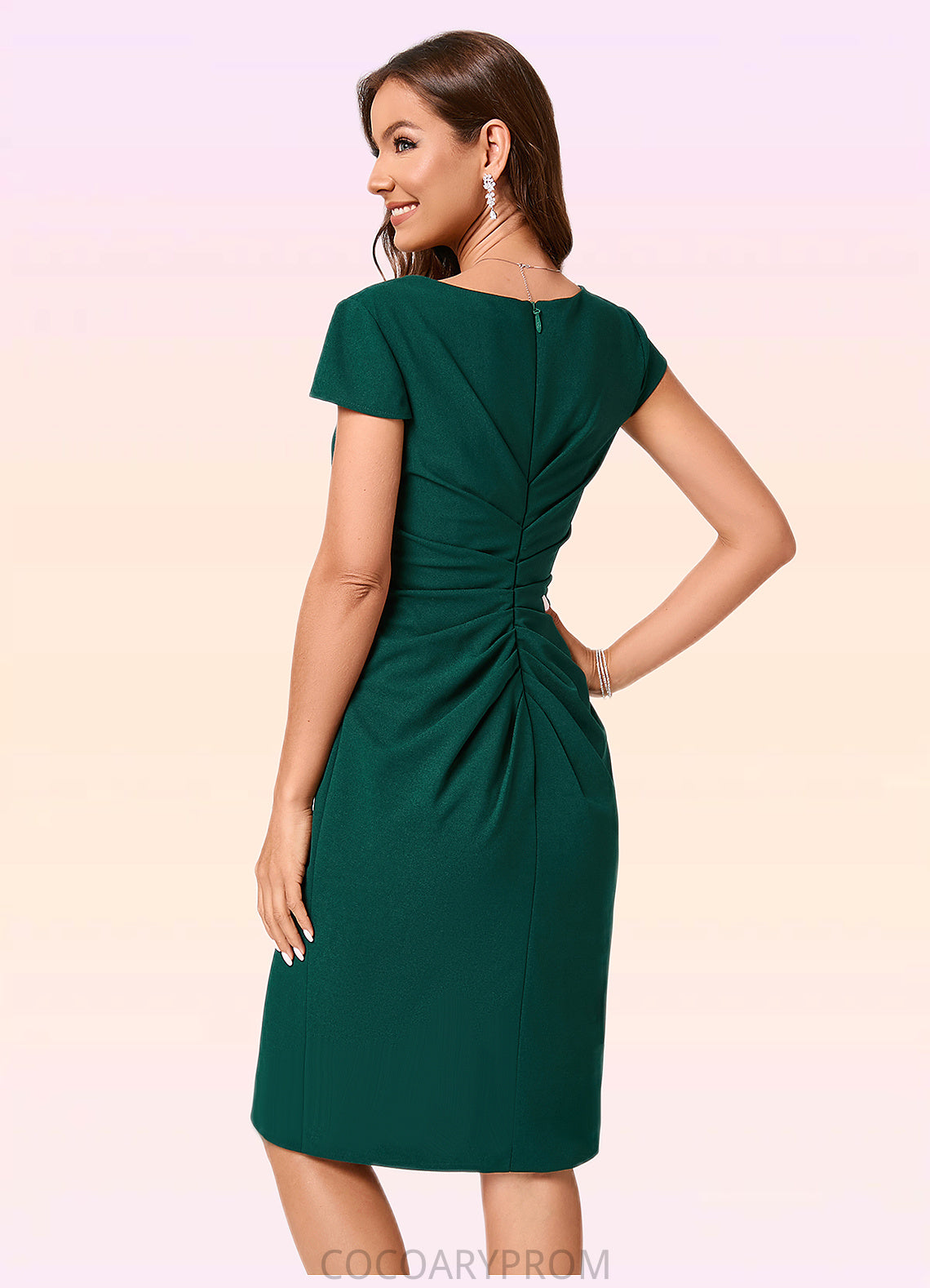 Haylee Sheath/Column V-Neck Knee-Length Stretch Crepe Cocktail Dress With Ruffle DA8P0022329