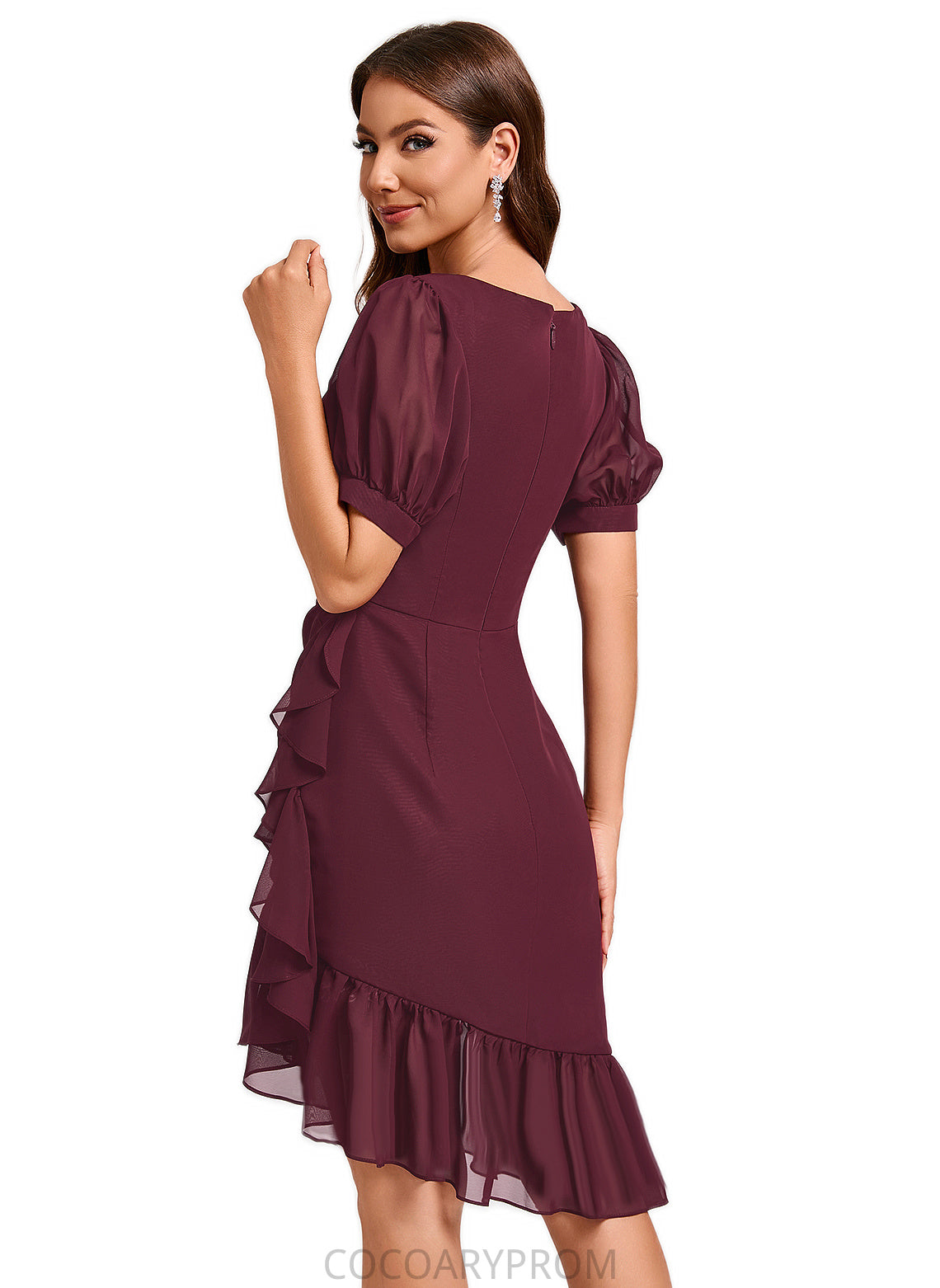 Isabella Sheath/Column V-Neck Asymmetrical Chiffon Cocktail Dress With Cascading Ruffles Ruffle DA8P0022339