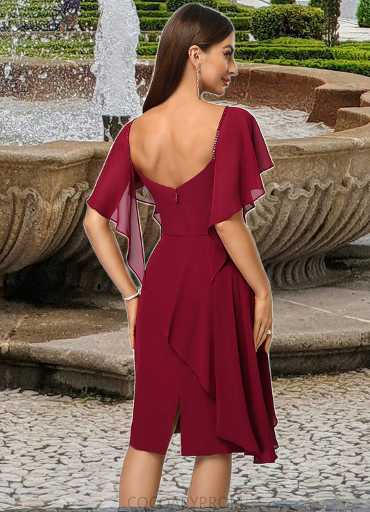 Cherish Sheath/Column V-Neck Knee-Length Chiffon Cocktail Dress With Beading Cascading Ruffles DA8P0022350