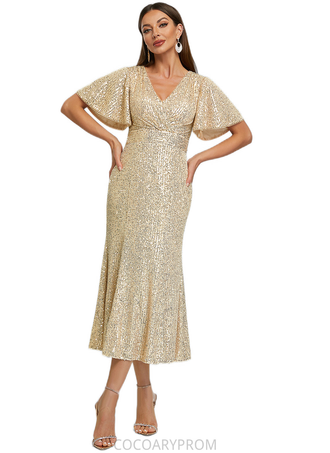 Seraphina Trumpet/Mermaid V-Neck Tea-Length Sequin Cocktail Dress DA8P0022351