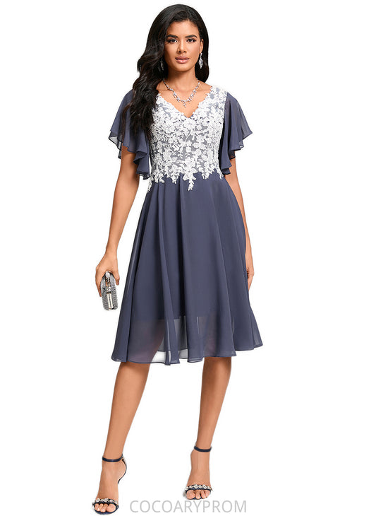 Zoey A-line V-Neck Knee-Length Chiffon Lace Cocktail Dress DA8P0022376