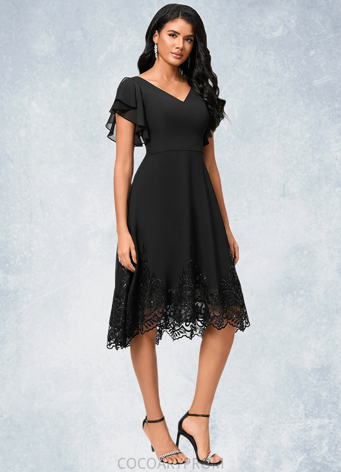 Finley A-line V-Neck Asymmetrical Chiffon Lace Cocktail Dress With Sequins DA8P0022377