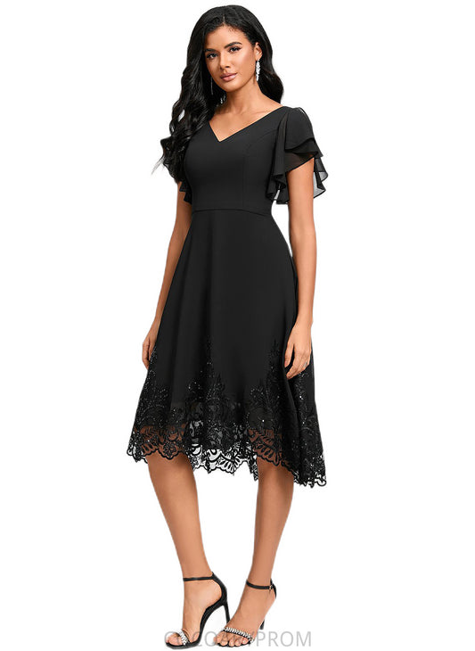 Juliette A-line V-Neck Asymmetrical Chiffon Lace Cocktail Dress With Sequins DA8P0022377