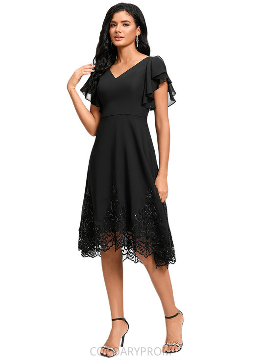 Juliette A-line V-Neck Asymmetrical Chiffon Lace Cocktail Dress With Sequins DA8P0022377