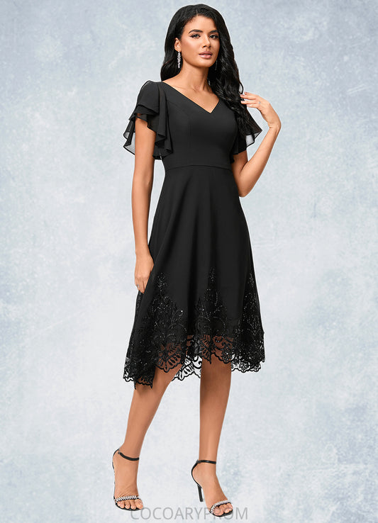 Finley A-line V-Neck Asymmetrical Chiffon Lace Cocktail Dress With Sequins DA8P0022377