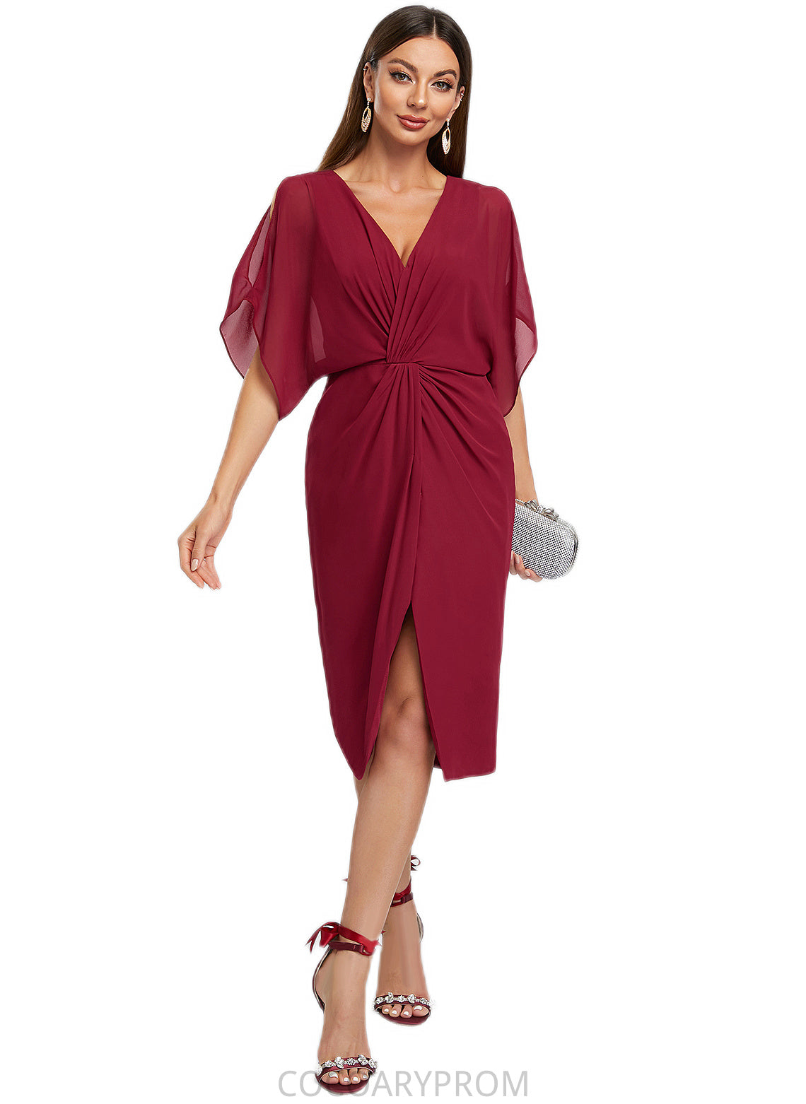 Kailyn Sheath/Column V-Neck Knee-Length Chiffon Cocktail Dress With Pleated DA8P0022386