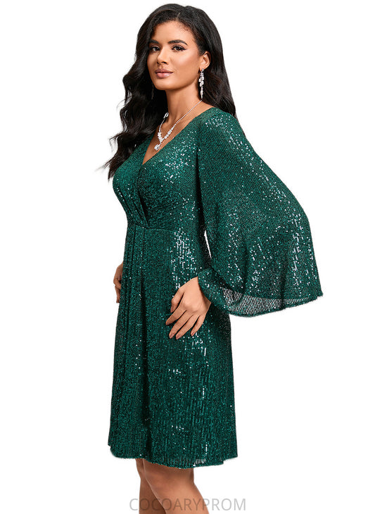 Mariyah Sheath/Column V-Neck Knee-Length Sequin Cocktail Dress With Ruffle DA8P0022400