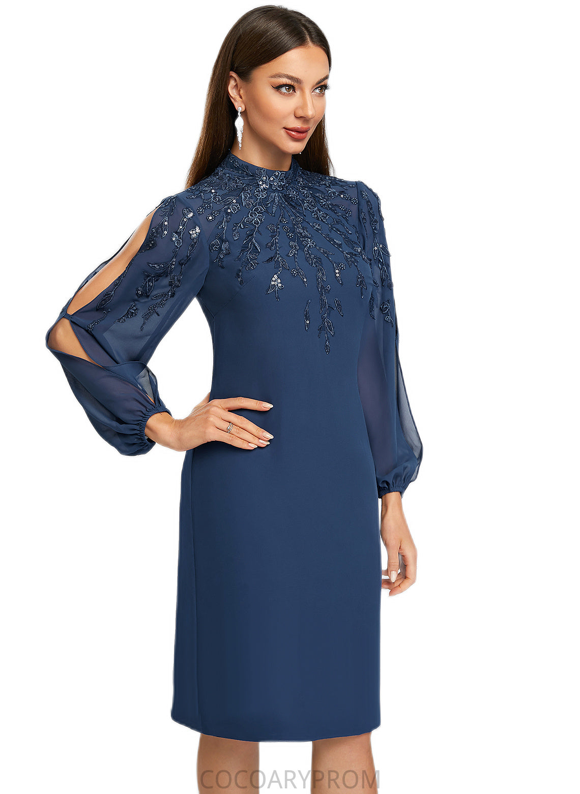 Carolina Sheath/Column High Neck Knee-Length Chiffon Cocktail Dress With Appliques Lace Sequins DA8P0022408