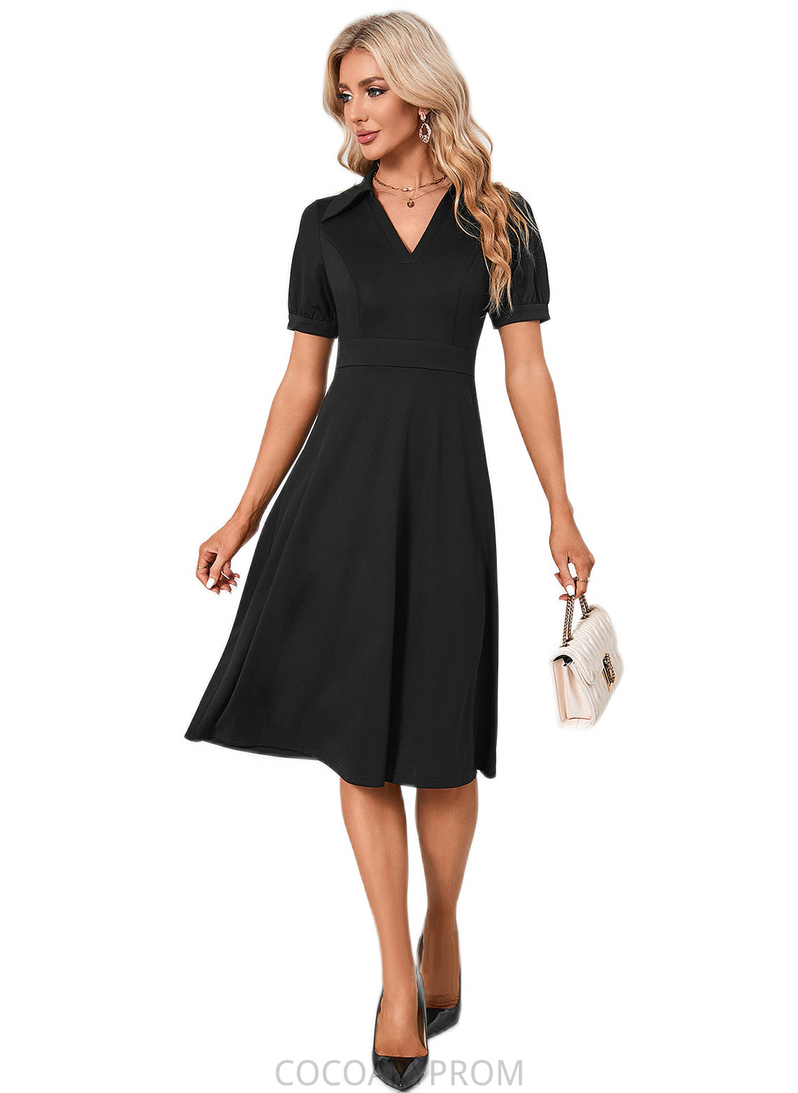 Ana V-Neck Elegant A-line Cotton Blends Midi Dresses DA8P0022412