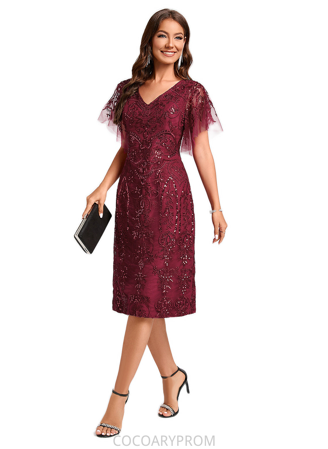 Ashly A-line Off the Shoulder Knee-Length Lace Sequin Cocktail Dress With Sequins DA8P0022420