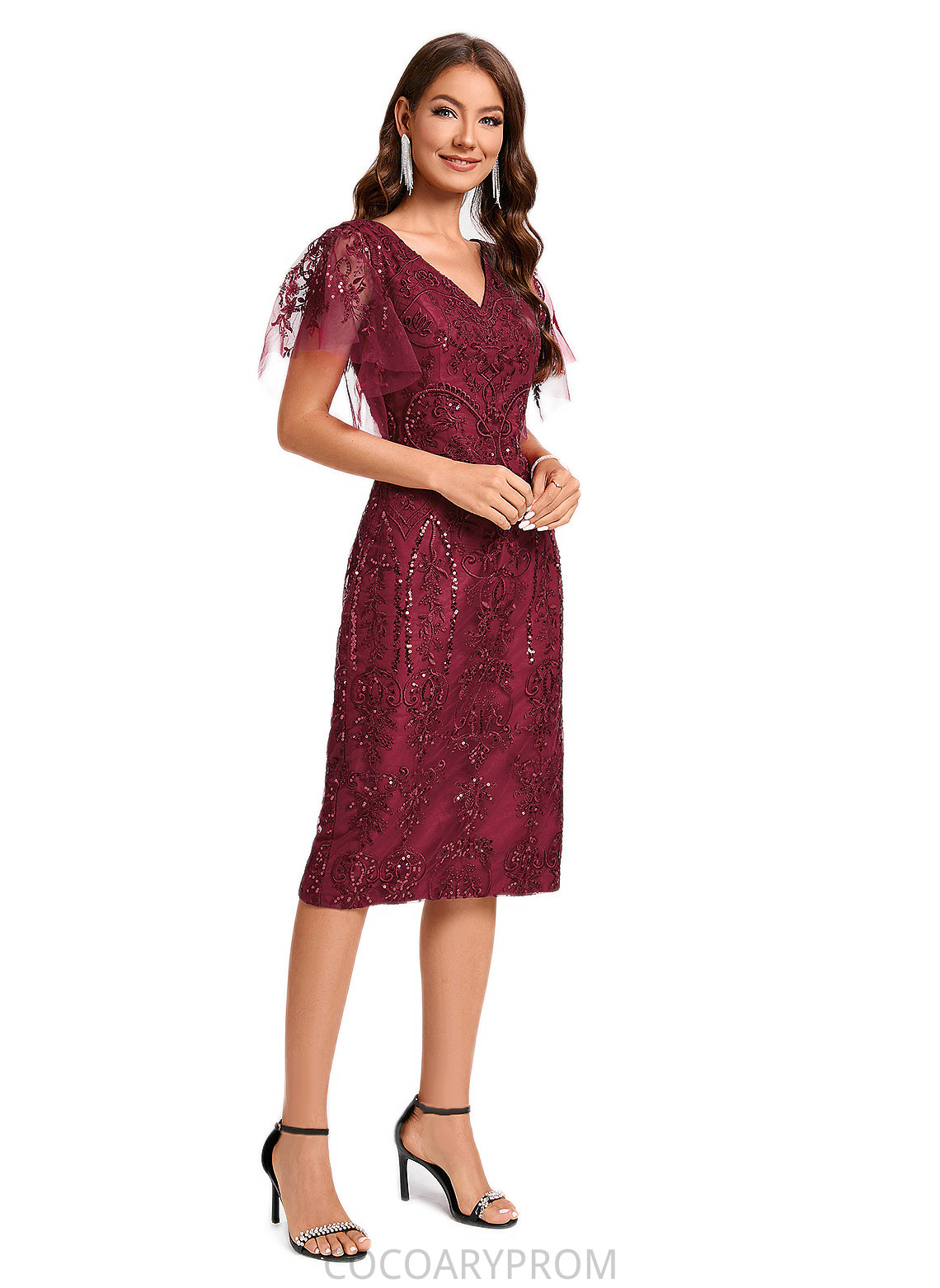 Ashly A-line Off the Shoulder Knee-Length Lace Sequin Cocktail Dress With Sequins DA8P0022420