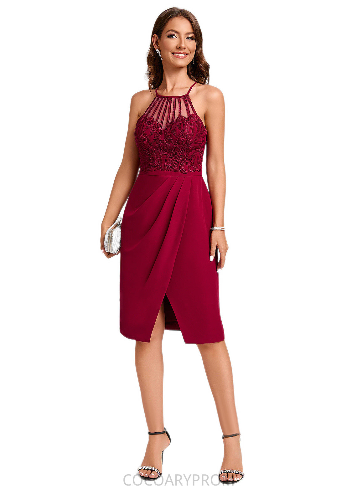 Karla Sheath/Column V-Neck Knee-Length Chiffon Lace Cocktail Dress With Ruffle DA8P0022421