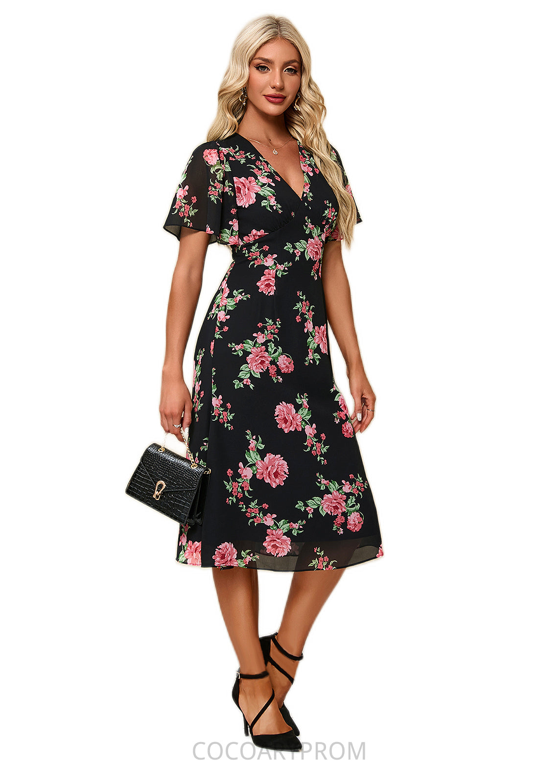 Desirae Floral Print V-Neck Elegant A-line Chiffon Midi Dresses DA8P0022424