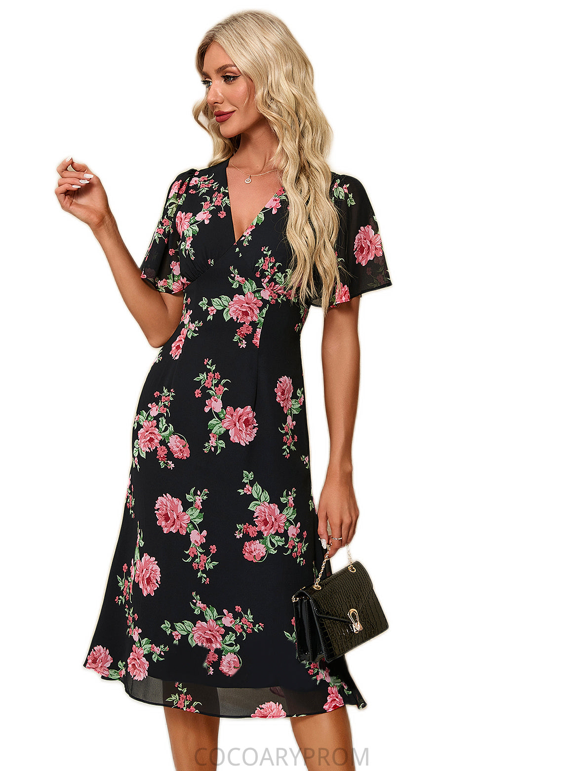 Desirae Floral Print V-Neck Elegant A-line Chiffon Midi Dresses DA8P0022424