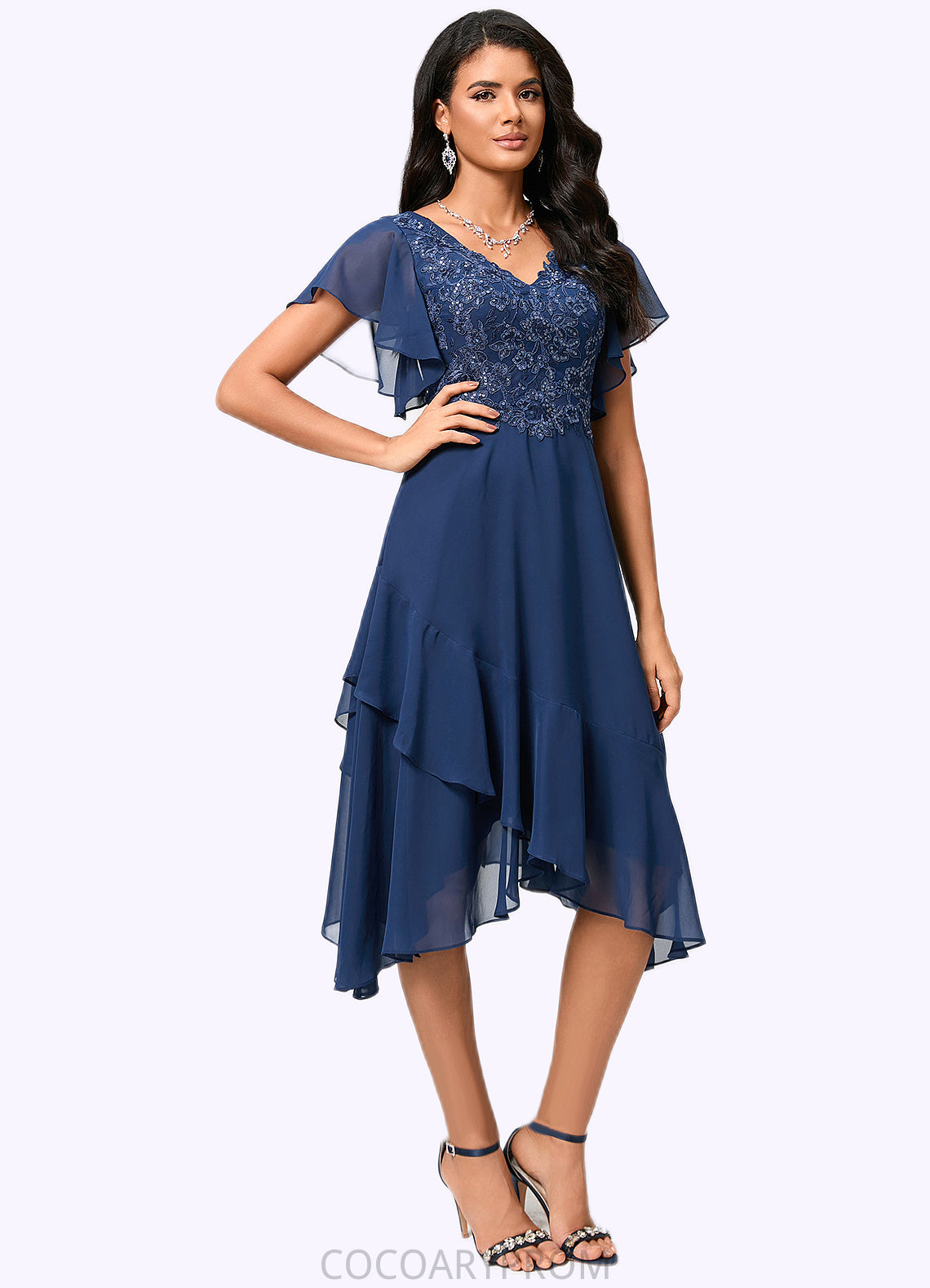 Isabell A-line V-Neck Tea-Length Chiffon Lace Cocktail Dress With Cascading Ruffles DA8P0022430