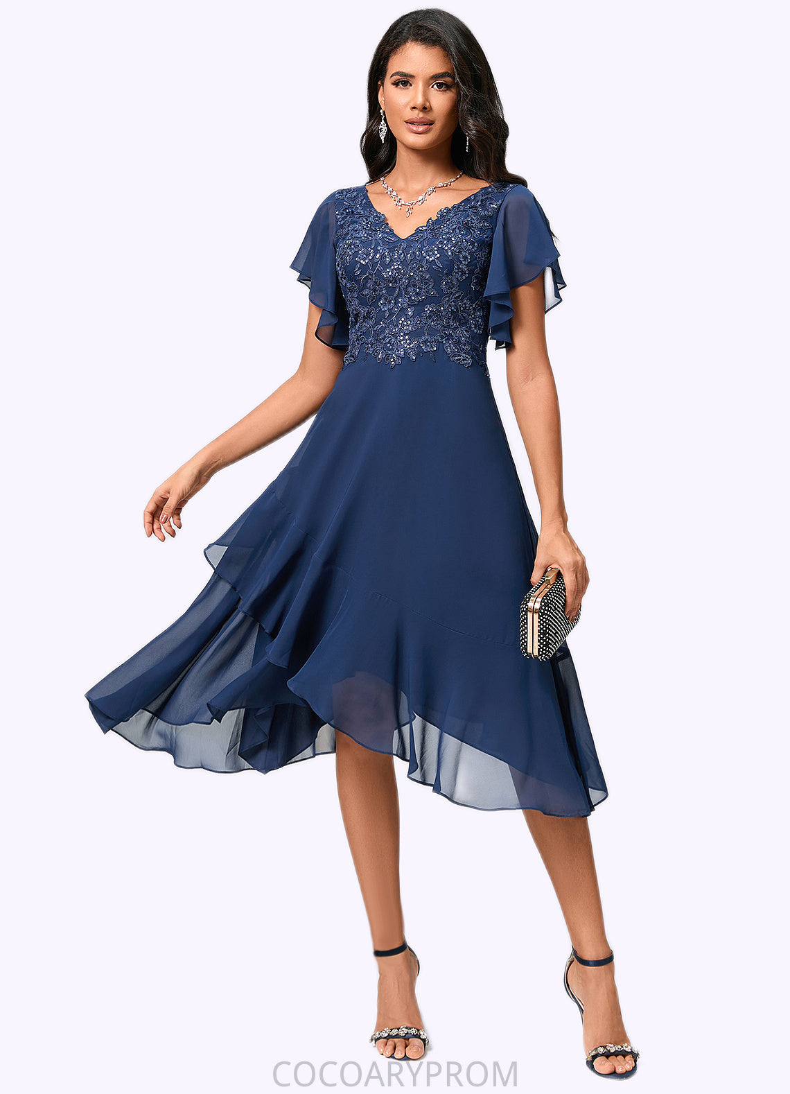 Isabell A-line V-Neck Tea-Length Chiffon Lace Cocktail Dress With Cascading Ruffles DA8P0022430