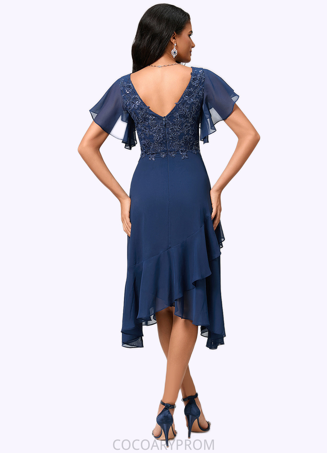 Isabell A-line V-Neck Tea-Length Chiffon Lace Cocktail Dress With Cascading Ruffles DA8P0022430