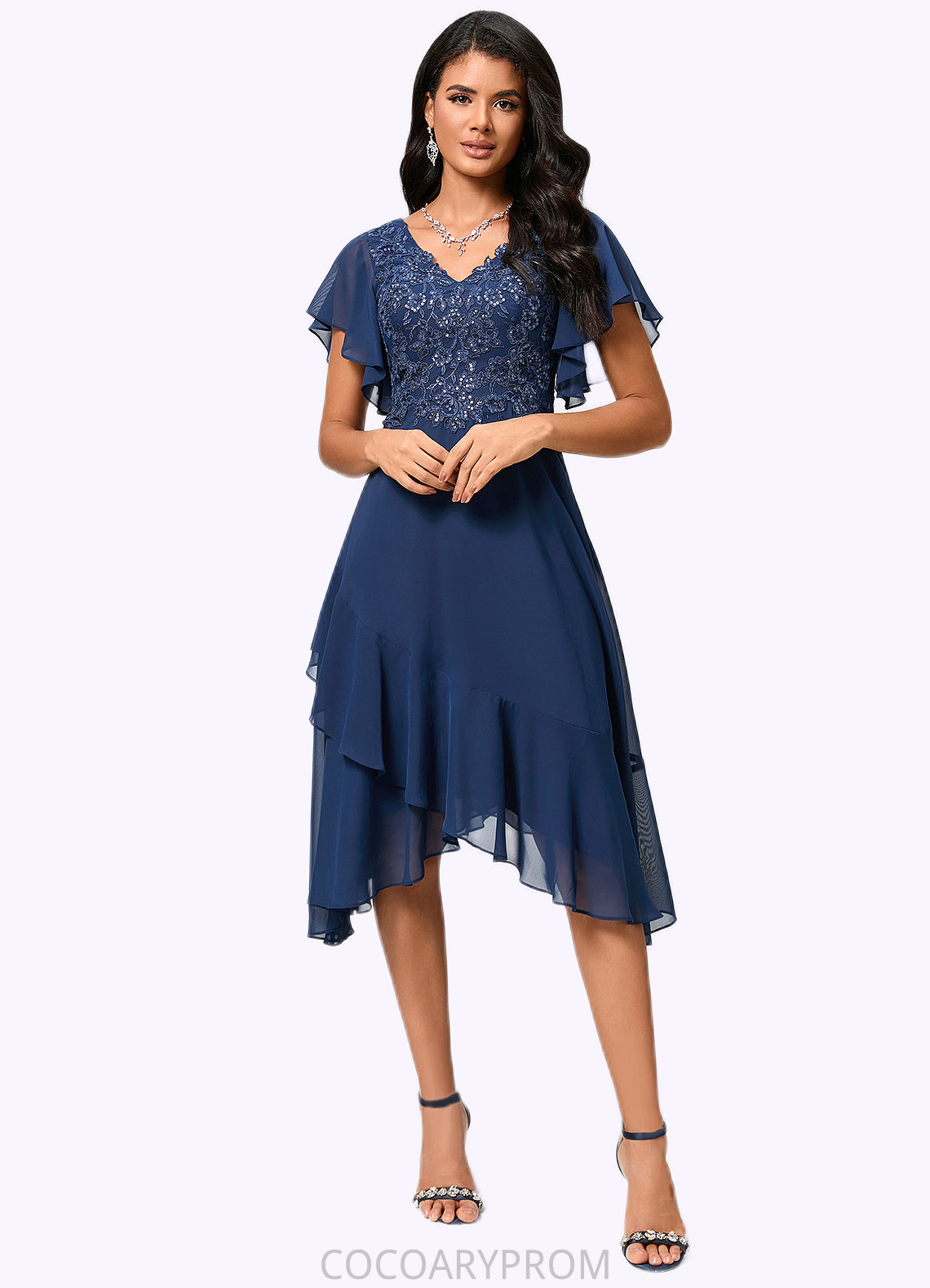 Isabell A-line V-Neck Tea-Length Chiffon Lace Cocktail Dress With Cascading Ruffles DA8P0022430