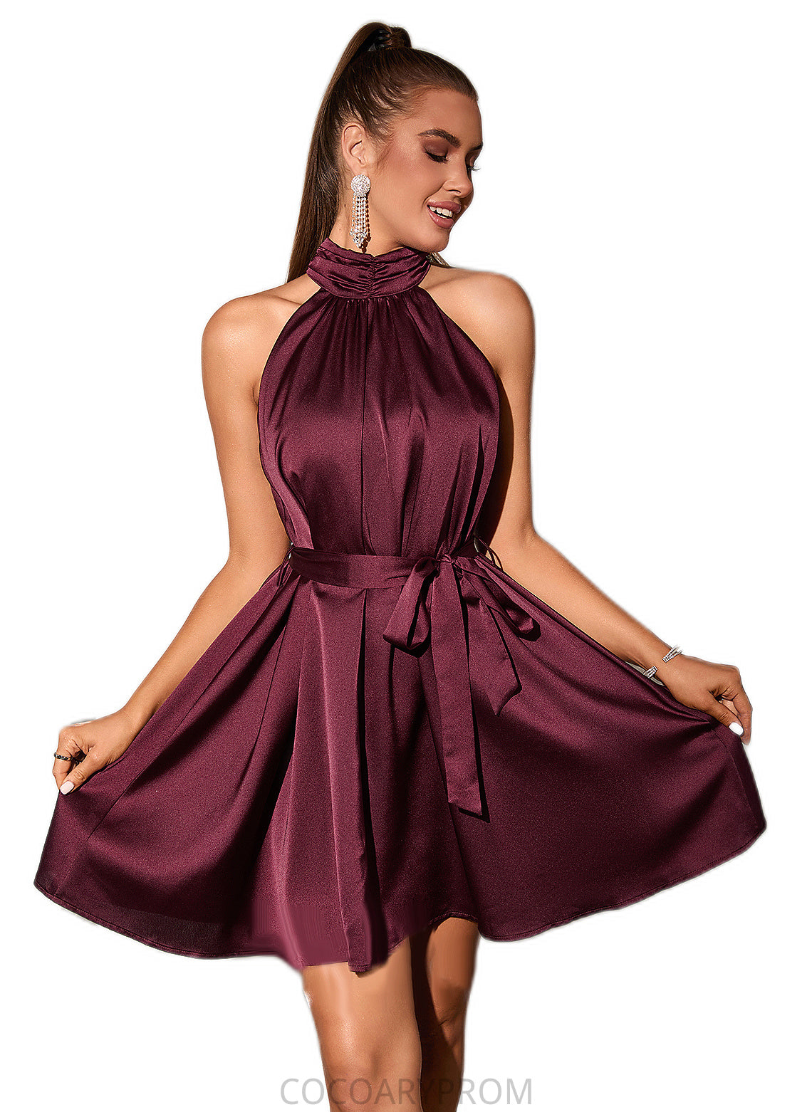 Tessa Ruffle High Neck Elegant A-line Satin Mini Dresses DA8P0022436