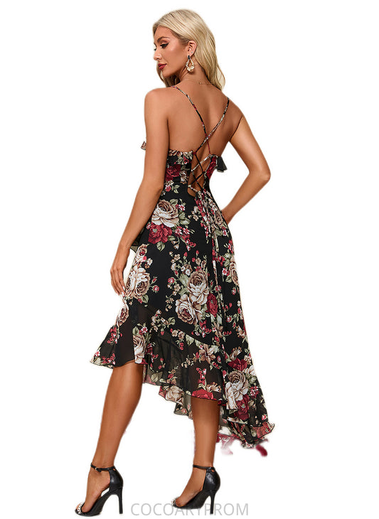 Louise Ruffle Floral Print V-Neck Elegant A-line Chiffon Asymmetrical Dresses DA8P0022447