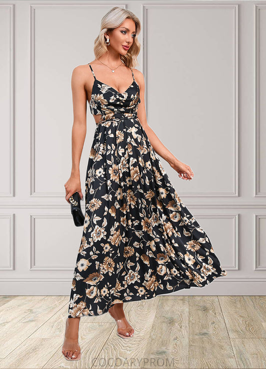 Jaliyah Flower Ruffle Floral Print Cowl Sexy A-line Satin Maxi Dresses DA8P0022468