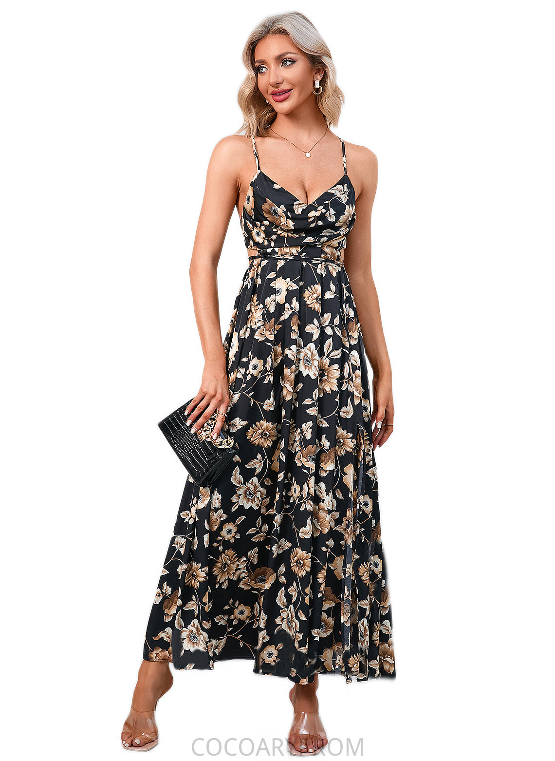 Isis Flower Ruffle Floral Print Cowl Sexy A-line Satin Maxi Dresses DA8P0022468