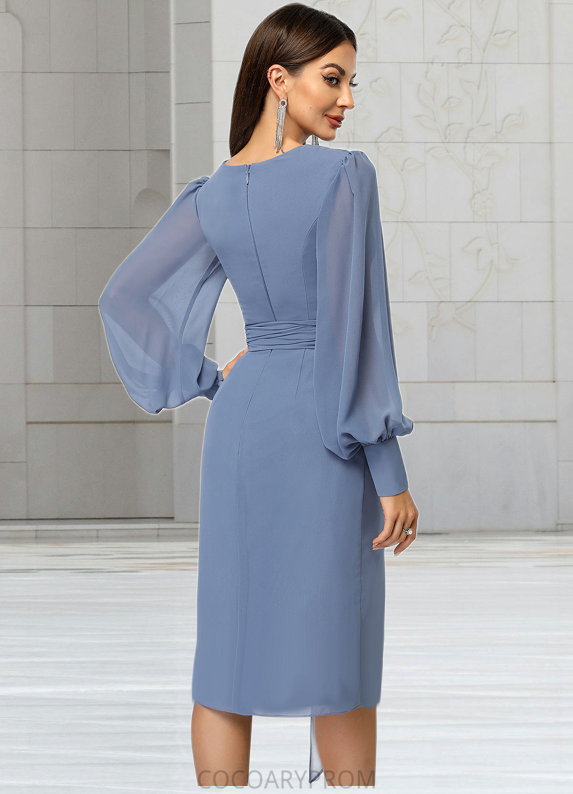 Summer Sheath/Column V-Neck Knee-Length Chiffon Cocktail Dress With Bow Pleated DA8P0022484