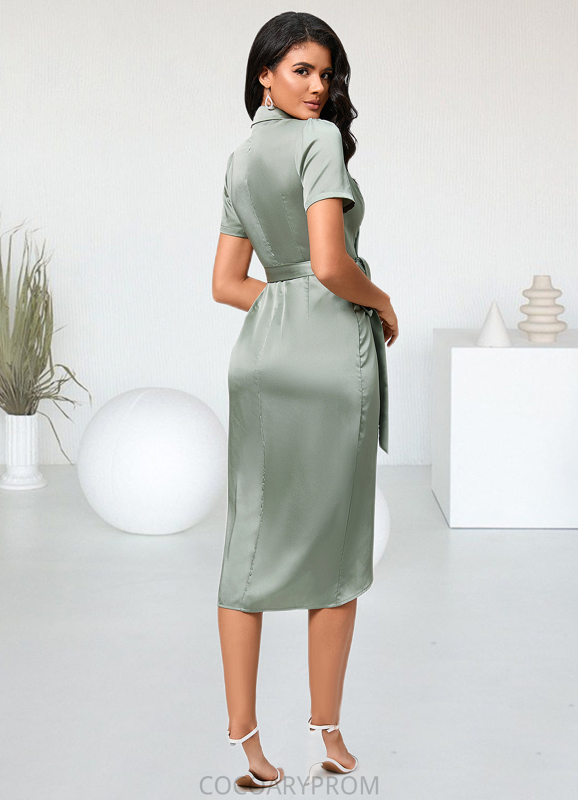 Toni Sheath/Column V-Neck Asymmetrical Satin Cocktail Dress With Bow DA8P0022488