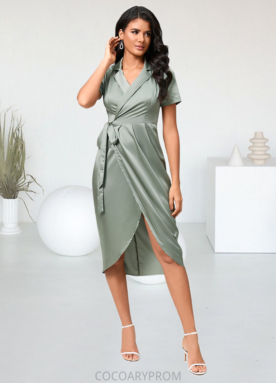 Toni Sheath/Column V-Neck Asymmetrical Satin Cocktail Dress With Bow DA8P0022488