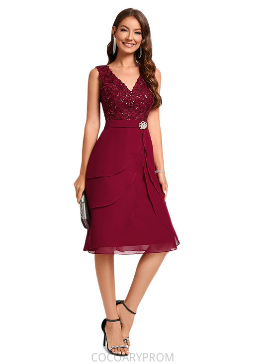 Angelica Sheath/Column V-Neck Knee-Length Chiffon Lace Sequin Cocktail Dress With Ruffle Sequins DA8P0022503