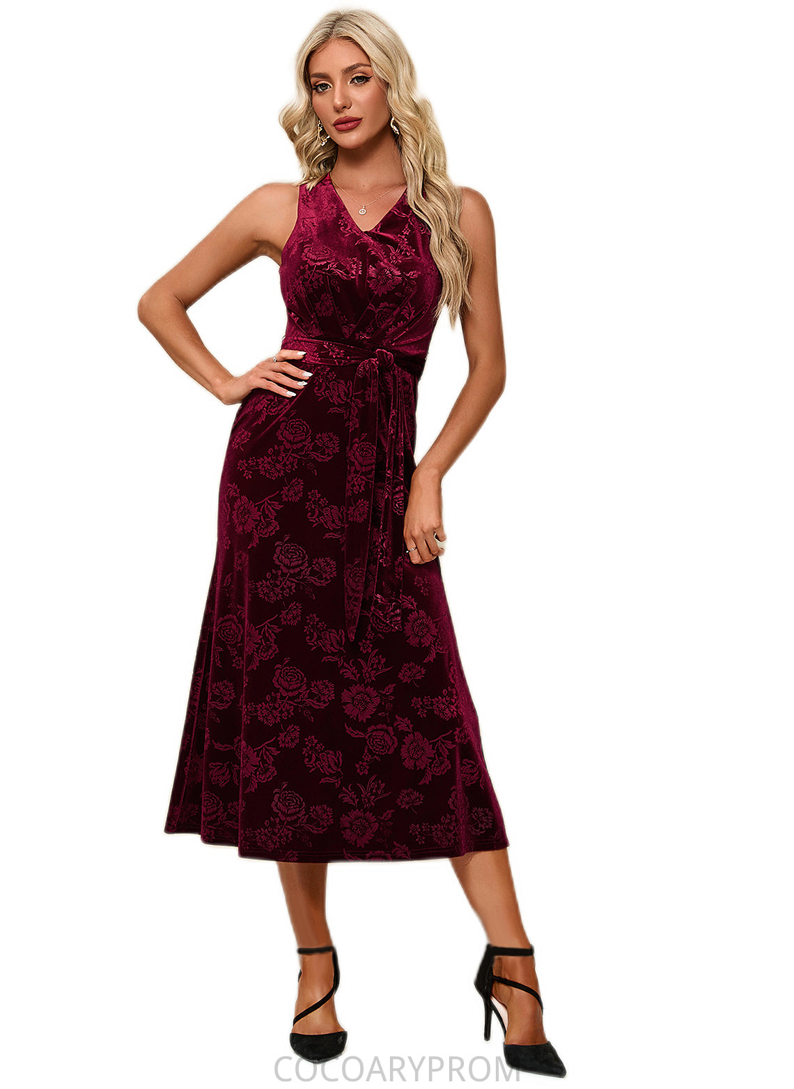 Carina Flower V-Neck Elegant A-line Velvet Midi Dresses DA8P0022504