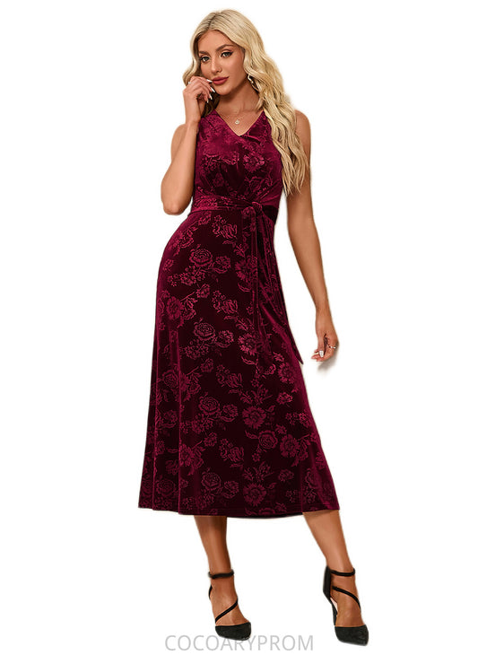 Carina Flower V-Neck Elegant A-line Velvet Midi Dresses DA8P0022504