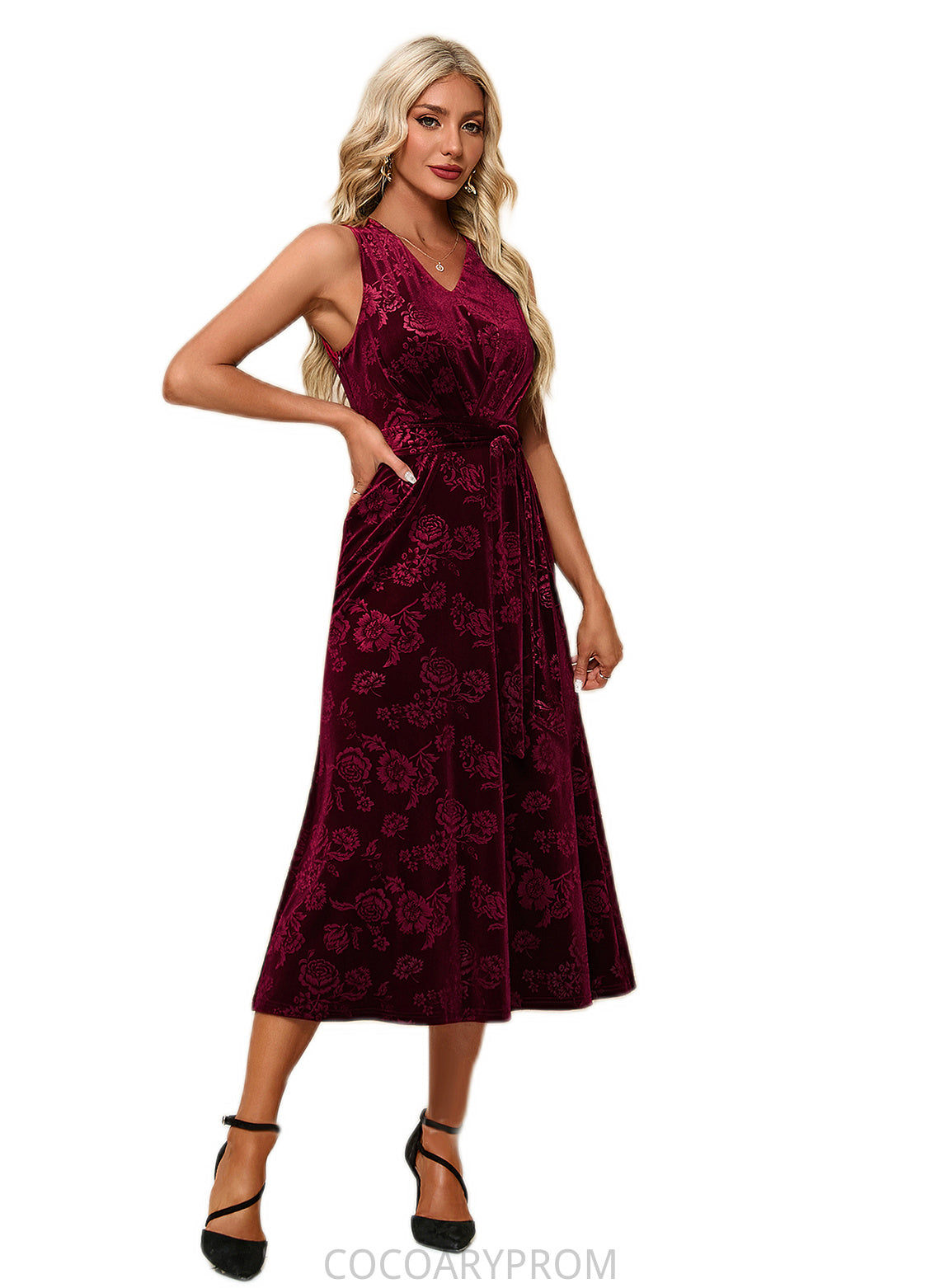 Carina Flower V-Neck Elegant A-line Velvet Midi Dresses DA8P0022504