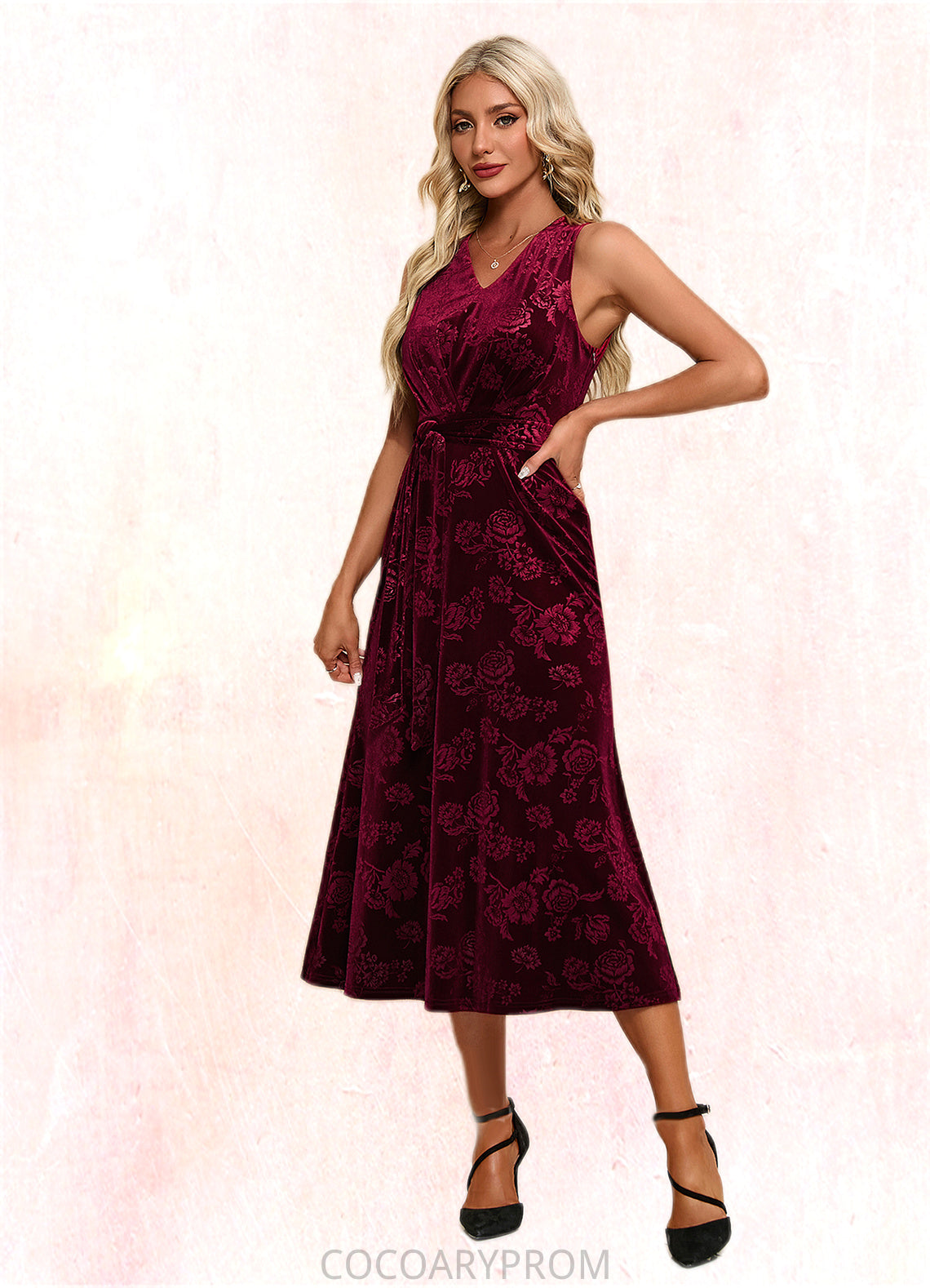 LuLu Flower V-Neck Elegant A-line Velvet Midi Dresses DA8P0022504