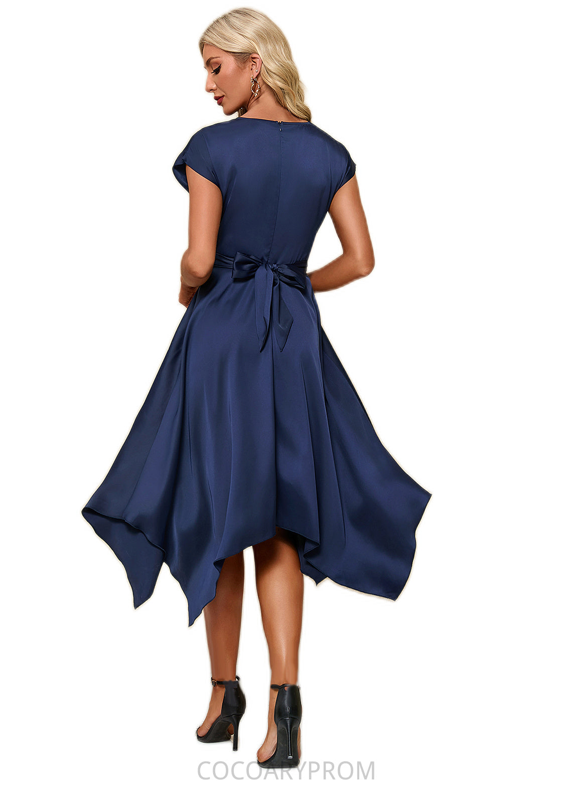 Skyla Bow V-Neck Elegant A-line Satin Asymmetrical Dresses DA8P0022506