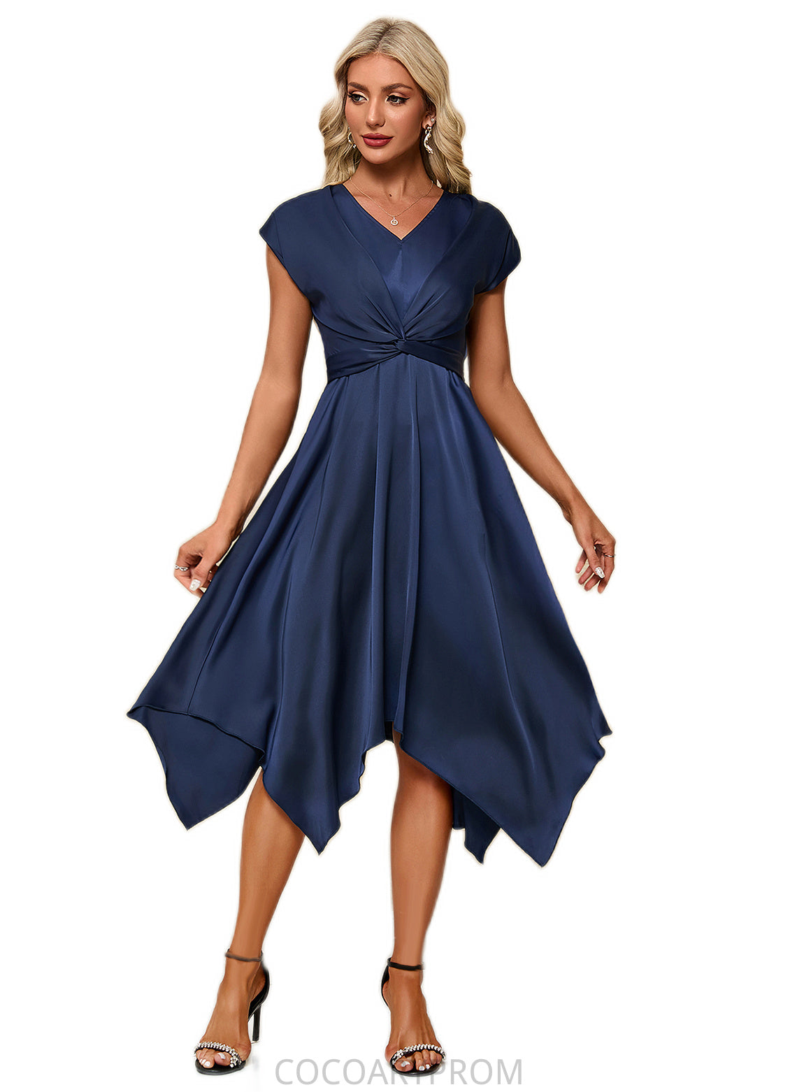 Skyla Bow V-Neck Elegant A-line Satin Asymmetrical Dresses DA8P0022506