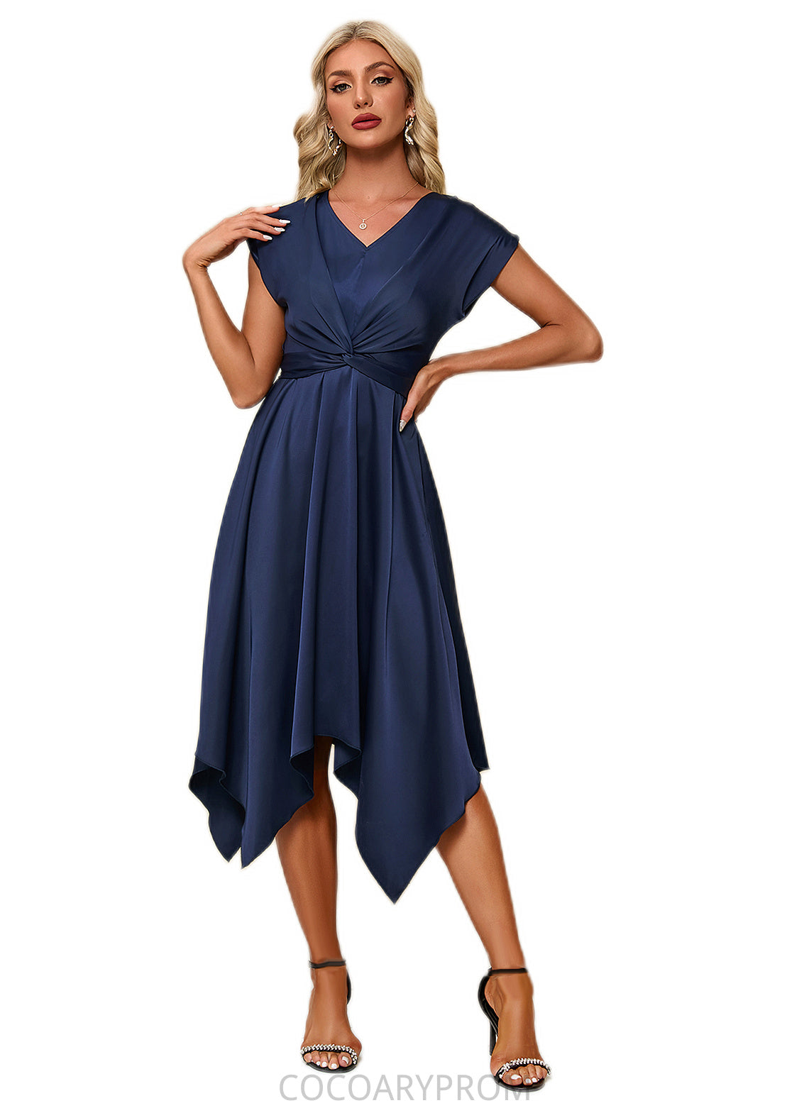 Skyla Bow V-Neck Elegant A-line Satin Asymmetrical Dresses DA8P0022506