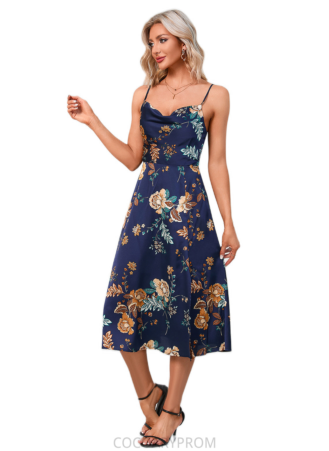 Shaylee Floral Print Cowl Elegant A-line Satin Dresses DA8P0022508