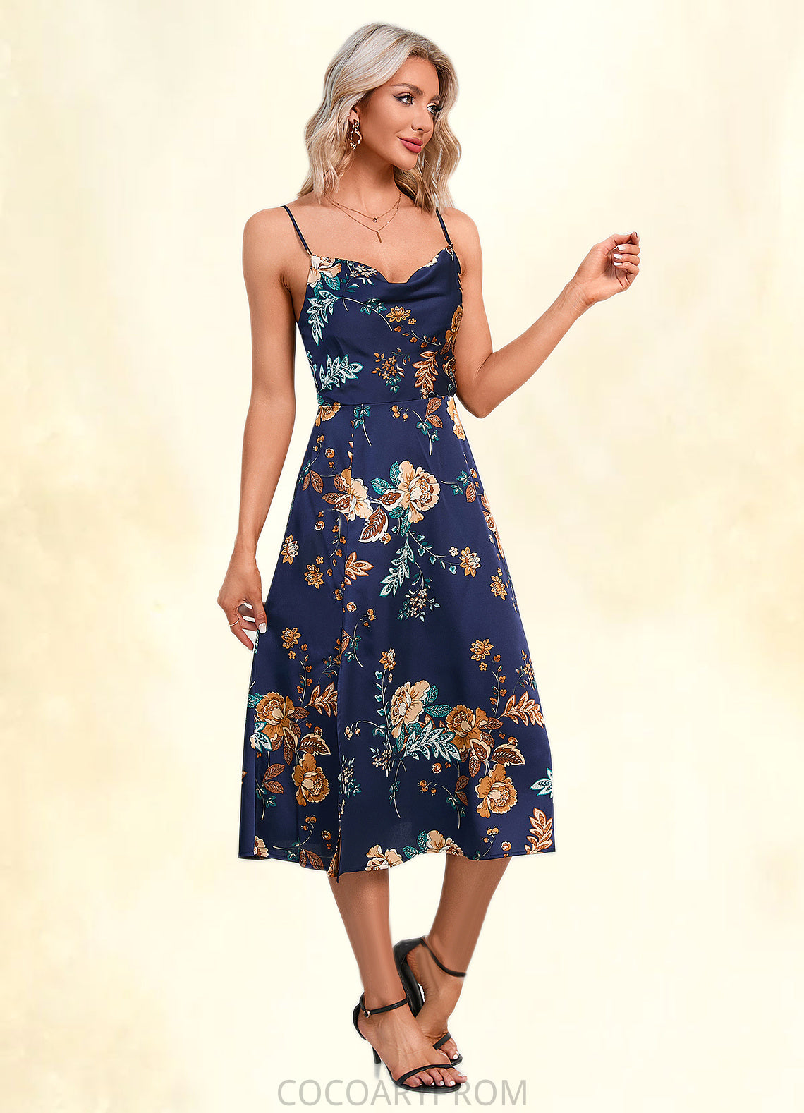 Adalyn Floral Print Cowl Elegant A-line Satin Dresses DA8P0022508