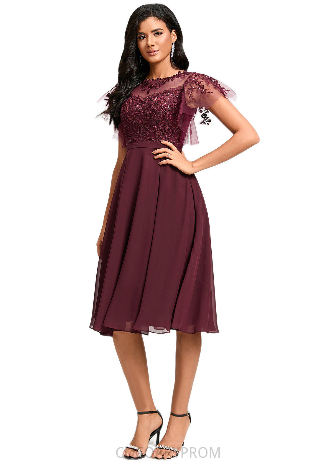 Adyson A-line Illusion Knee-Length Chiffon Cocktail Dress With Sequins DA8P0022512