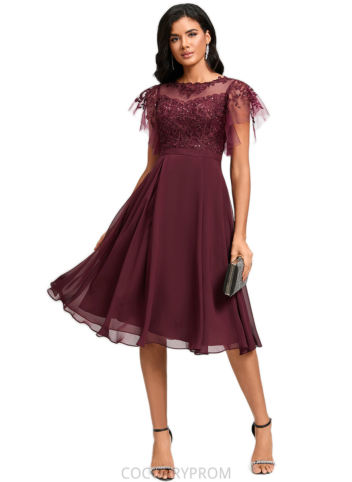 Adyson A-line Illusion Knee-Length Chiffon Cocktail Dress With Sequins DA8P0022512