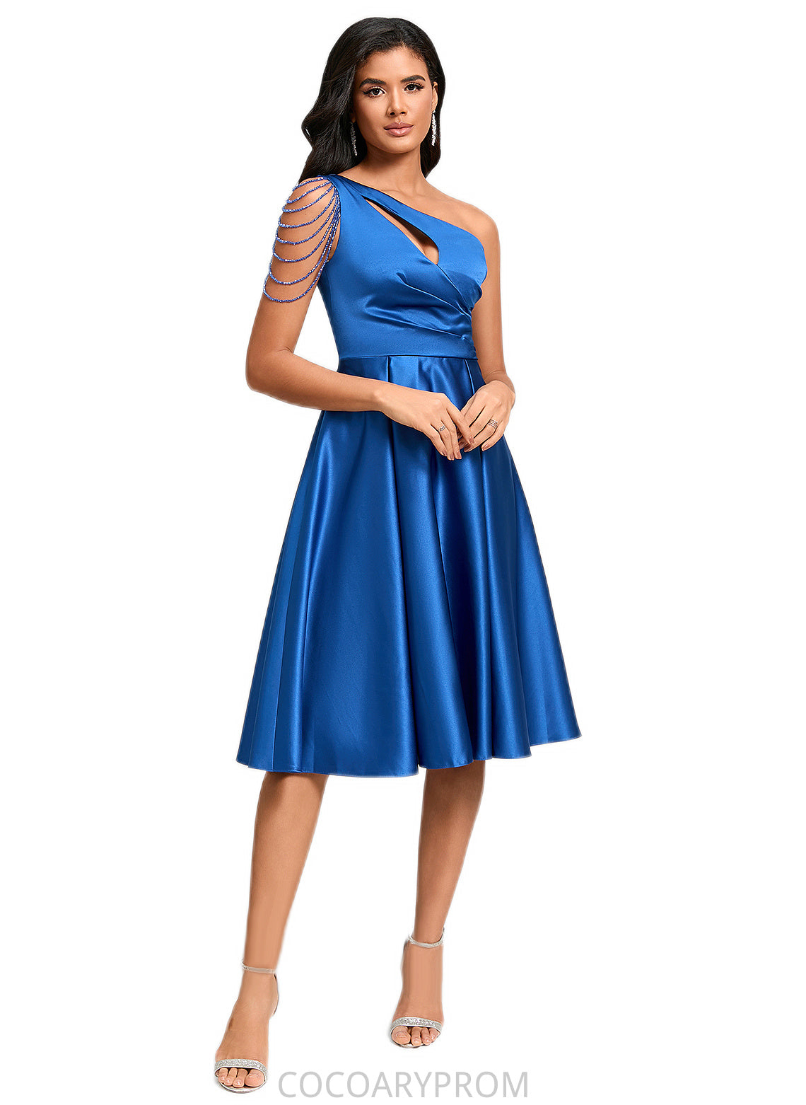 Jocelyn A-line One Shoulder Knee-Length Satin Cocktail Dress With Beading Pleated DA8P0022531